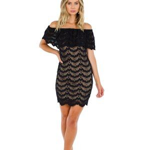 Nightcap Clothing Black Nude Lace Mini Dress Off the Shoulder Stretch Sz 2 Small